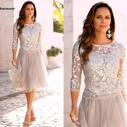 2024 Newest Short Mother Of The Bride Dresses Lace Tulle Knee Length 3/4 Long Sleeves Mother Bride Dresses Short Prom Dresses