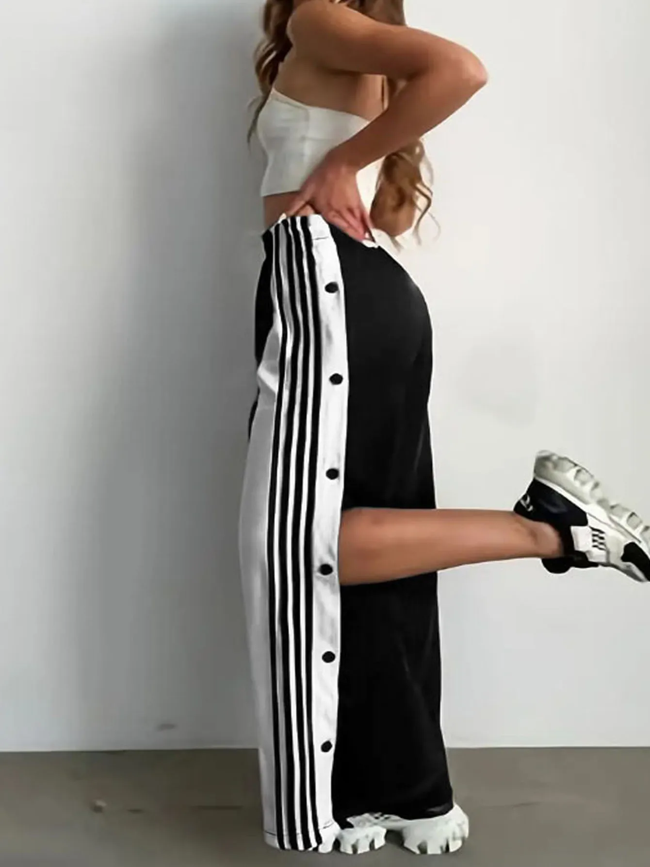 Women's Fashion Trend Straight-Leg Pants European And American Style Striped Side-Breasted Wide-Leg Trousers
