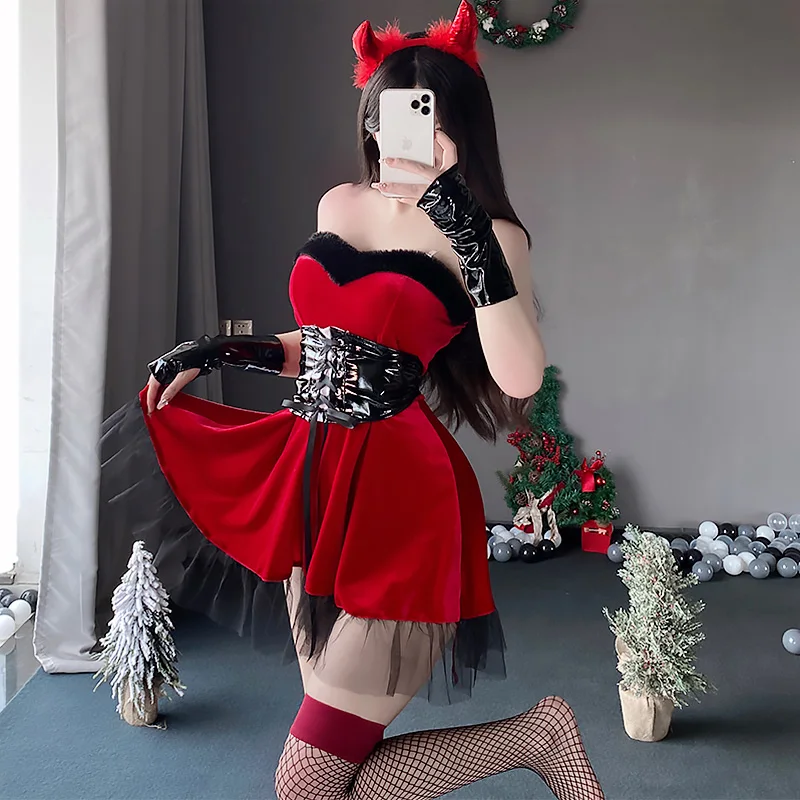 Sexy Demon Cosplay Costumes Women Cute Devil Girls Uniform Naughty Halloween Roleplay Outfits Erotic Lingerie Dress Shawl Set