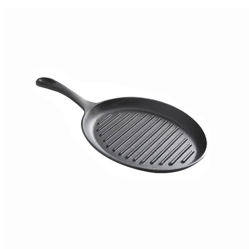 Cast Iron Oval Skillet with Long Handle Thickened Flat-Bottomed Pan for Searing Steak, Grilling, and Frying Fish