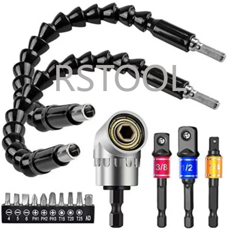 Hex Shank 2pcs Bendable Drill Bit Extension, 3pcs 1/4 3/8 1/2" Universal Socket Adapter,105 Right Angle Drill Extension set