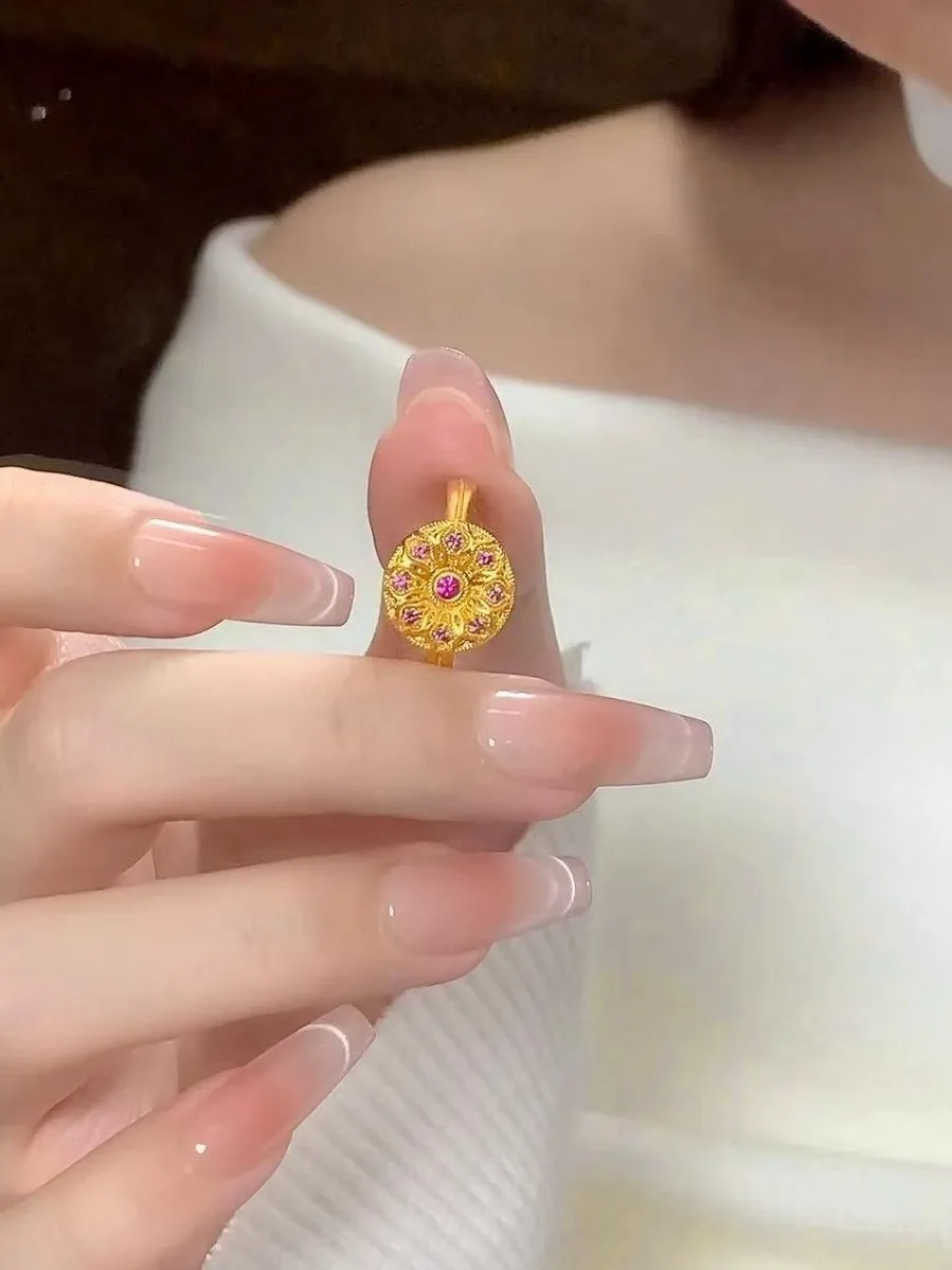 

New Vintage Court Sle Golden Flower Silk Se Lo Ring for Women Luxury Sensation Finger Ring Faionable Jewelry
