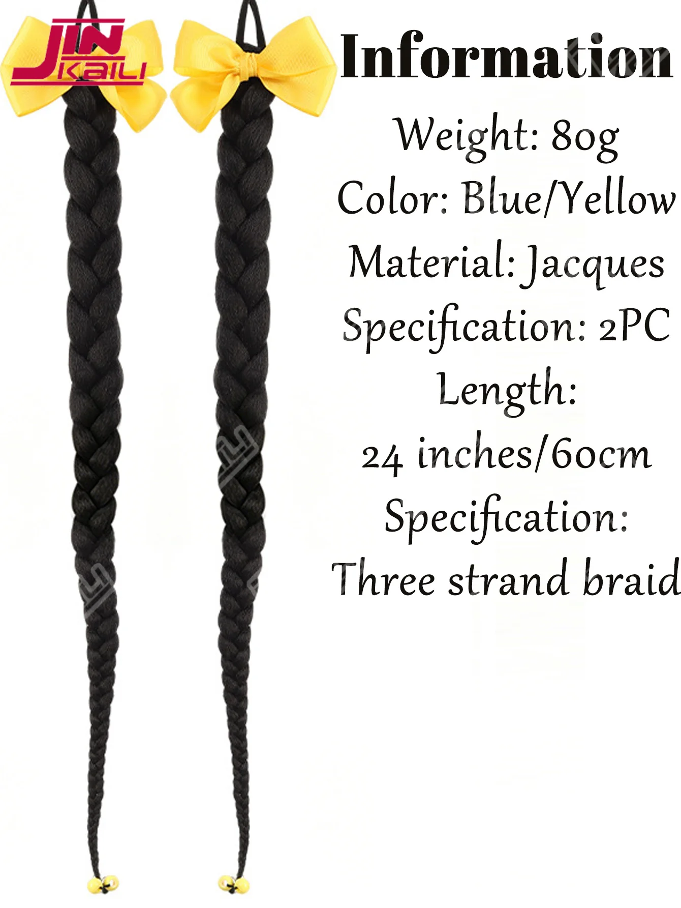 JKLSynthetic 24inch hair extension wig yellow bow ponytail with hair extensions Long Braided Ponytail Hair Accessories Christmas