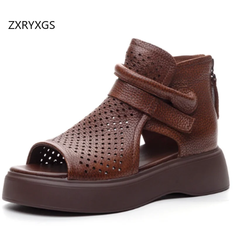 

ZXRYXGS Premium Cow Leather Hollow Fish Mouth Boots Breathable Sandals Elevator Platform Wedges Women Sandal Shoes Summer 2025