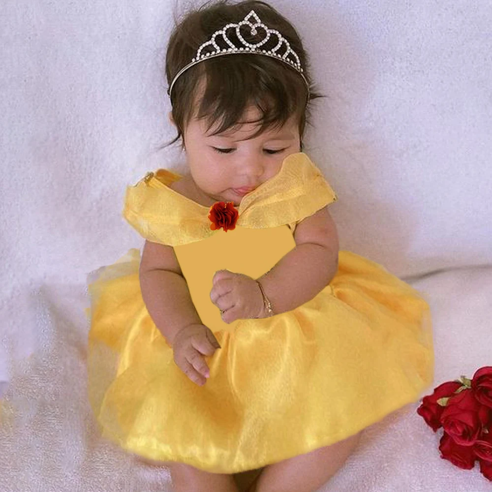 Beauty and Beast Girls Party Dress Crawling Christmas Costumes Flower Mesh Birthday Wedding Dress Jumpsuit Princess Kids Clothes