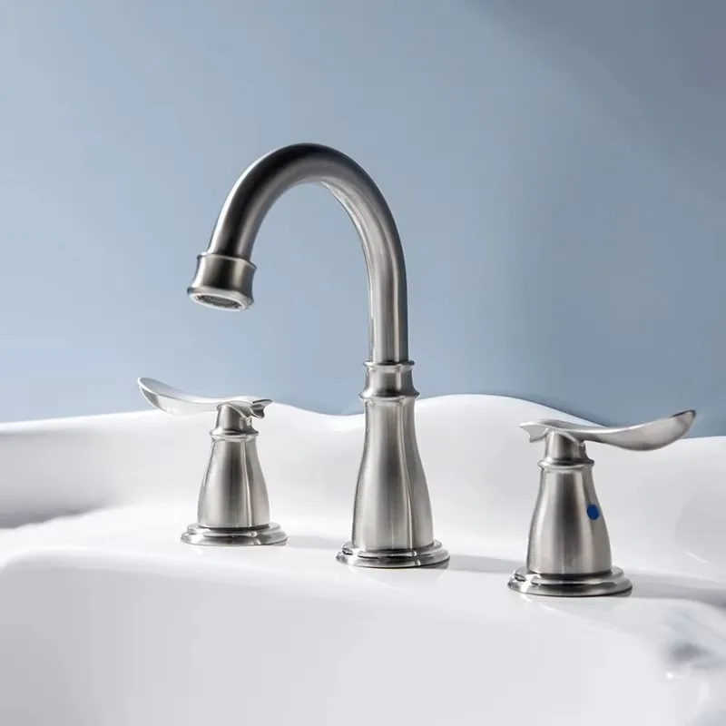 

Contemporary Double Handle Hot and Cold Water Mixer Tap Brushed Nickel Deck Mount Bathroom Sink Faucet Construction