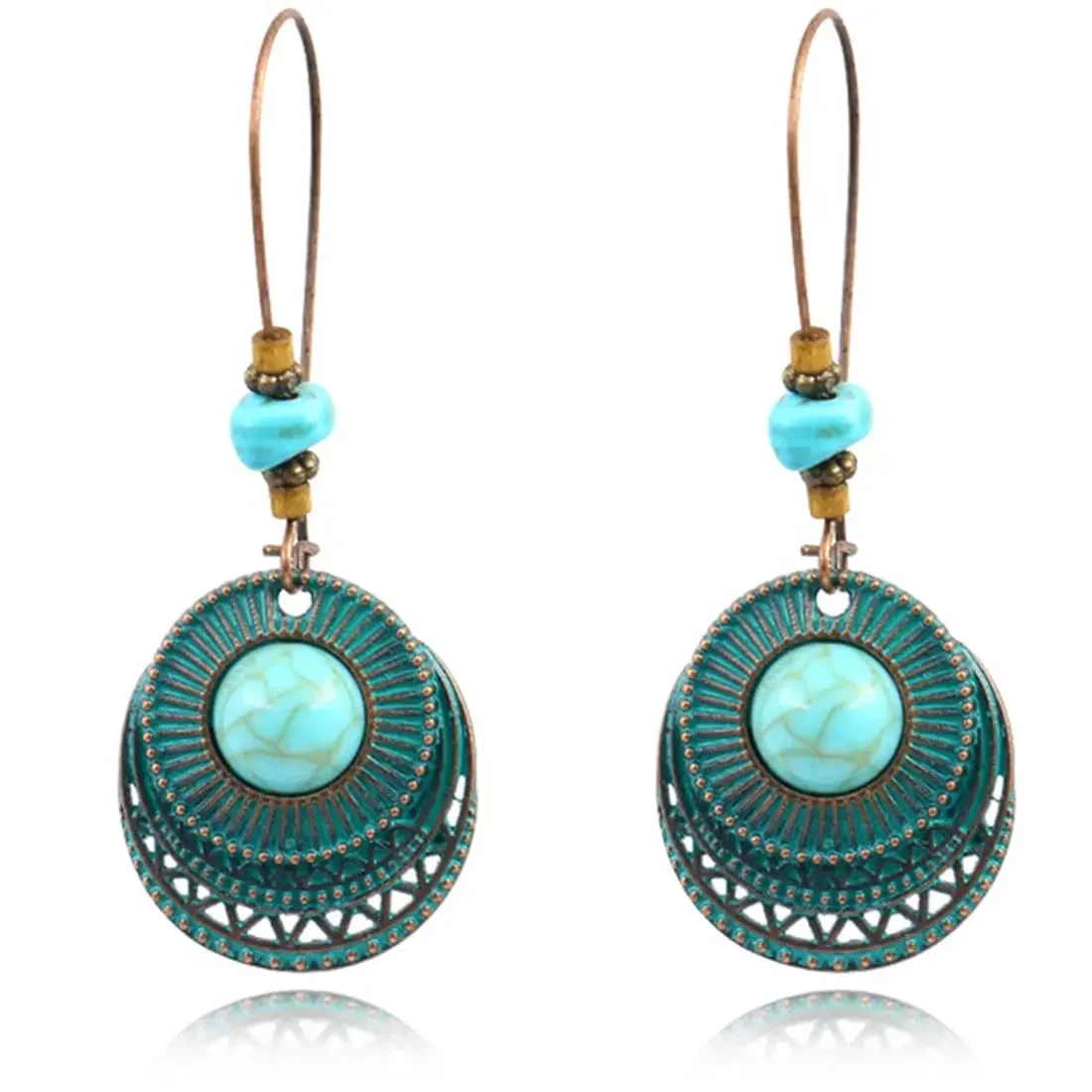 

Summer Teal Bohemian Earrings, Dangle Boho Earrings, Handmade Antique Ethnic Jewelry, Vintage Hoop Spiral Earrings for Women