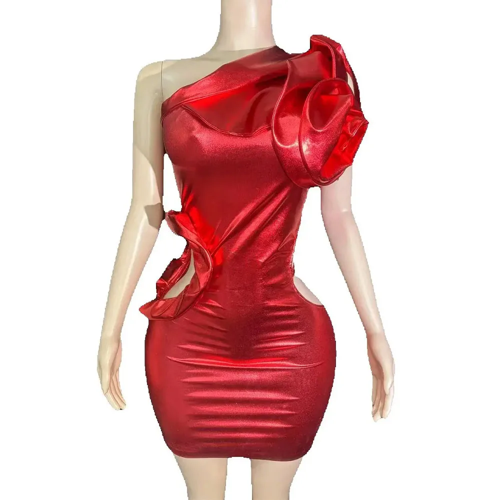 

Sexy Red PU Slanted Shoulder Skirt Dress Women Party Evening Celebrate Birthday Dress Performance Stage Costume Photoshoot Wear