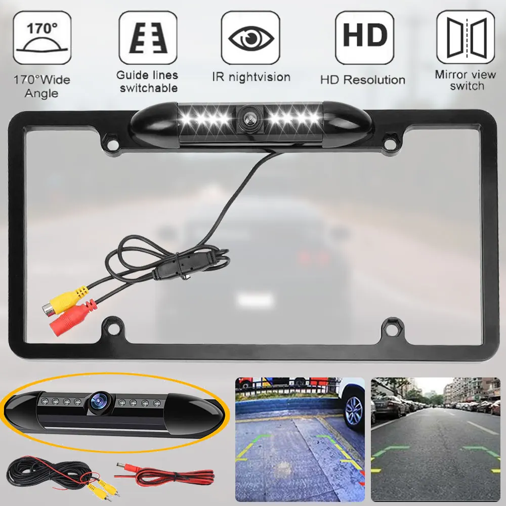 لوحة ترخيص أمريكية بإطار أسود كاميرا سيارة عالية الدقة بالأشعة تحت الحمراء للرؤية الليلية إطار جميل للرؤية الخلفية عكس الكاميرا