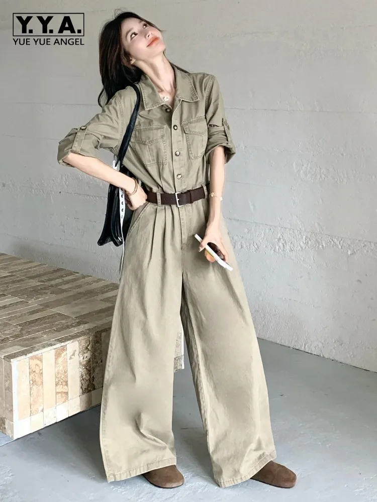 Spring Autumn Women Khaki Cargo Rompers Lapel Single Breasted Wide Leg Pants High Waist Loose Fit New Casual Vintage Jumpsuits