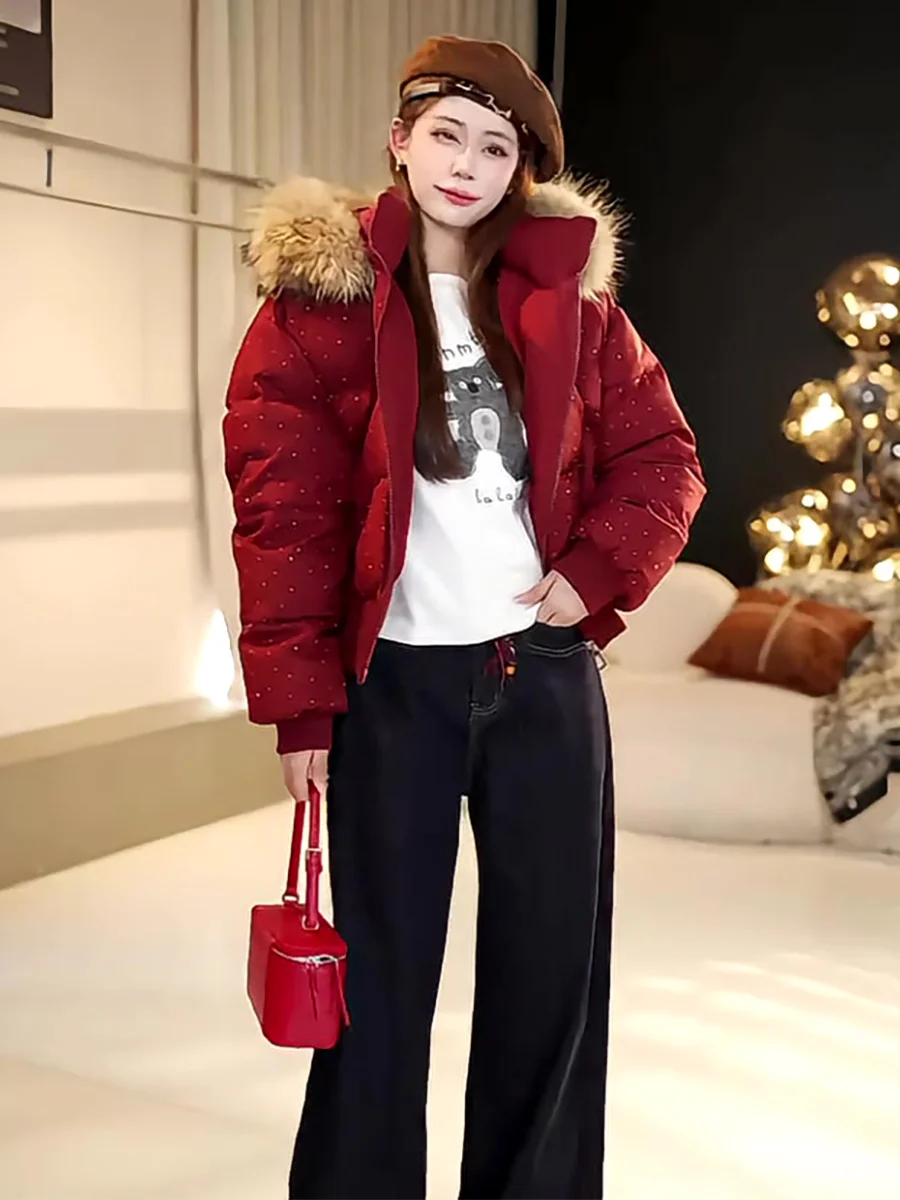 Jaet acolchado informal con diamantes rojos para mujer, ropa de abrigo cálida y resistente al frío con capucha y cuello de piel auténtica para invierno