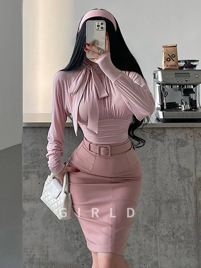 

Женская футболка в корейском стиле, с высоким воротником, завязками, драпировкой на талии, длинными рукавами, модель 2025 года, новинка 0VW9