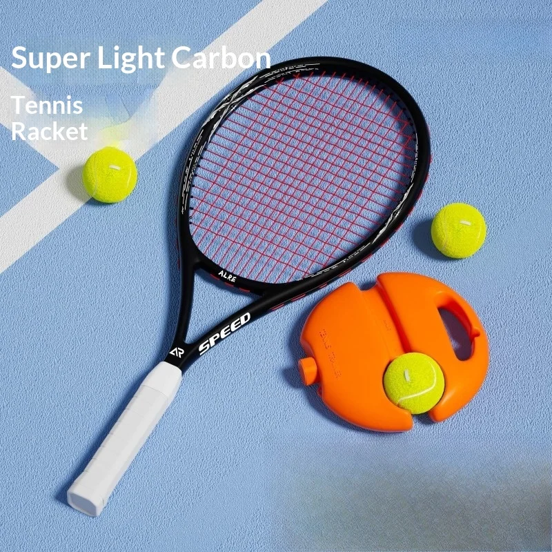 

Carbon One Piece Tennis Racket Prestrung Adult Beginner High Rebound Solo Practice Professional Training Tenis Badminton Racket