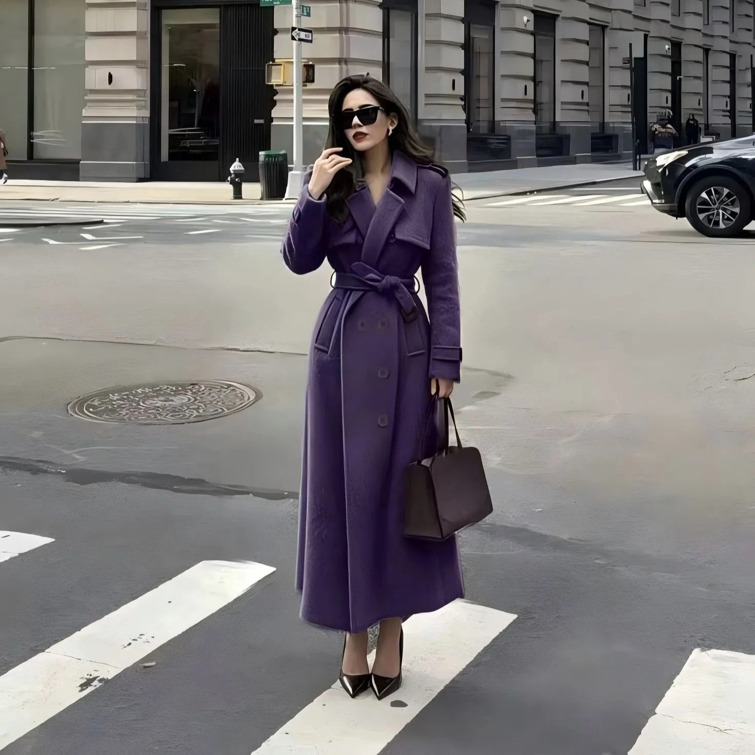 Women Purple Long Belted Woolen Coat, Knee Length Retro Boss Lady Double Breasted Overcoat