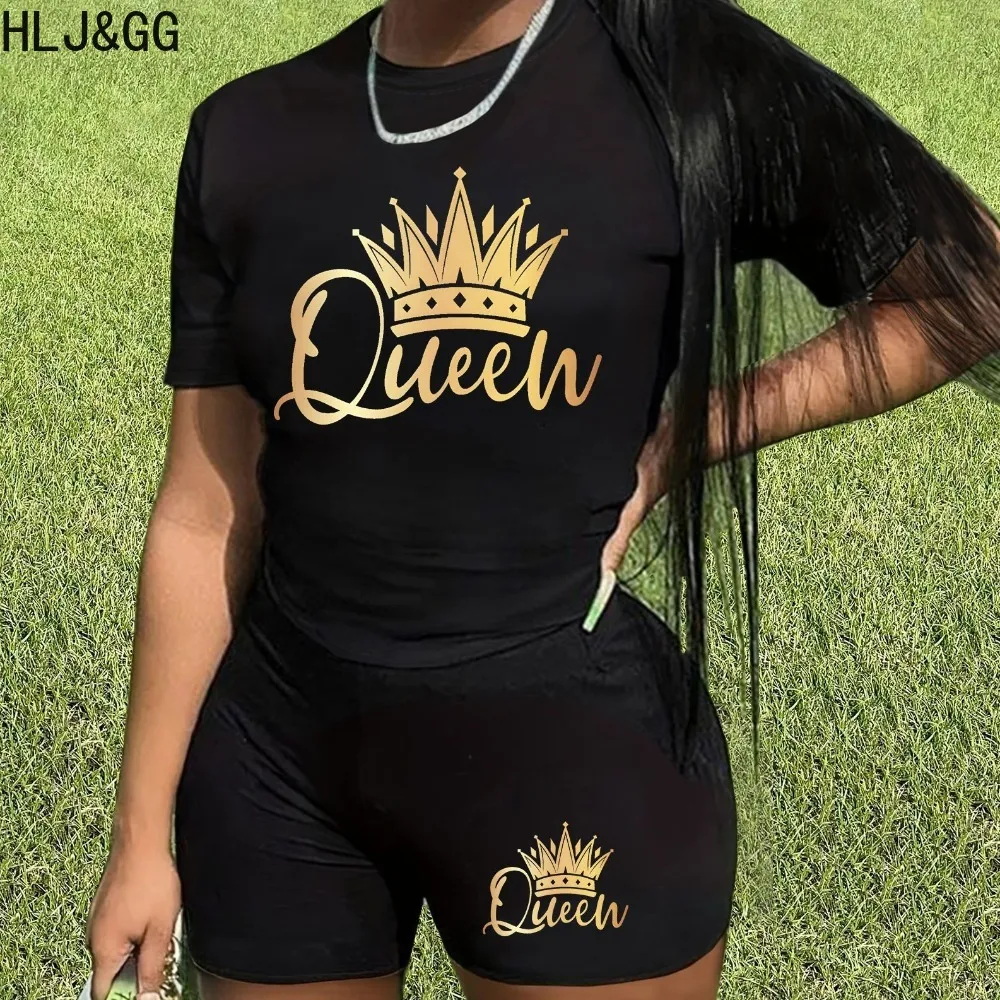 

HLJ&GG Summer New Letter Printing Two Piece Sets Women Round Neck Short Sleeve Top And Biker Shorts Outfits Female Tracksuits