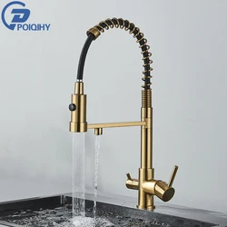 Brushed Gold Purifier Kitchen Faucet Pull Down Filtered Faucets Dual Spout Brass Crane Dual Handle Hot Cold Mixer Tap Deck Mount