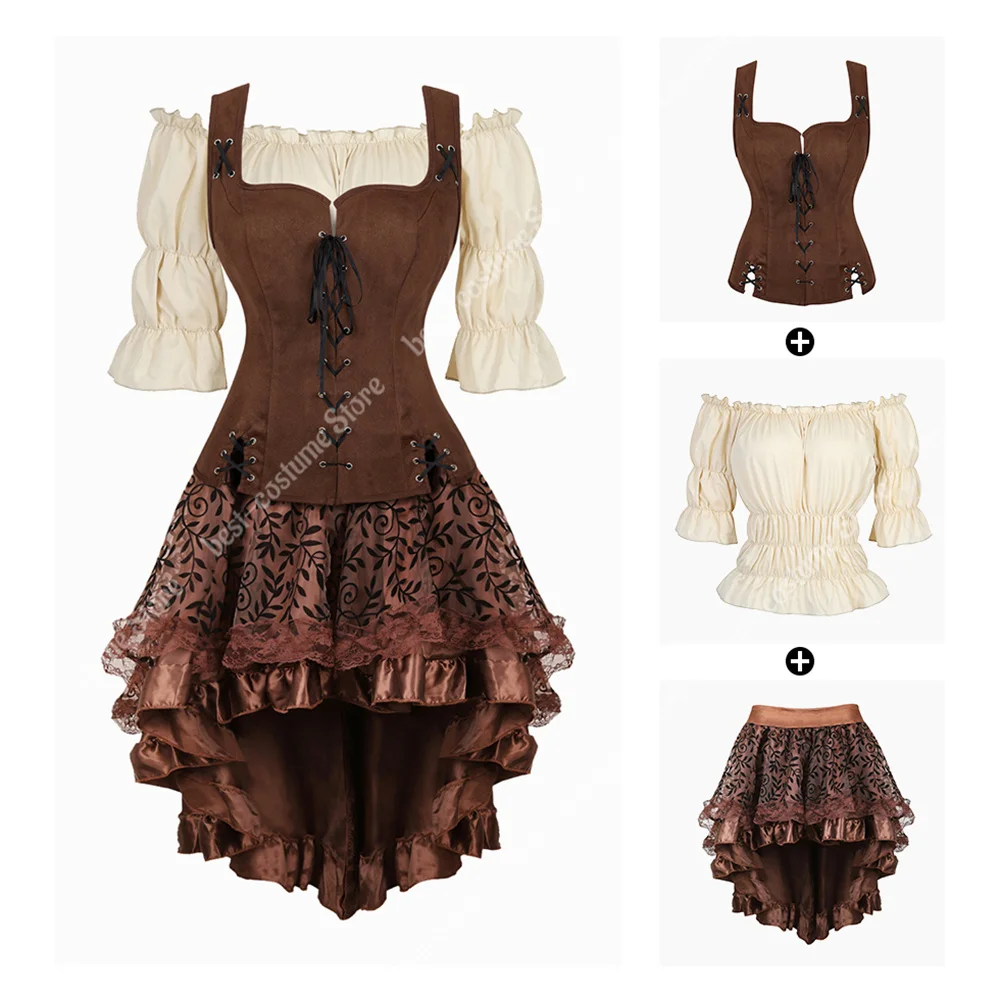 Steampunk รัดตัวชุดโจรสลัดสีน้ำตาลเครื่องแต่งกายกระโปรงผู้หญิง Plus ขนาด Gothic Underbust รัดตัวพร้อมกระโปรงสามชิ้นชุด