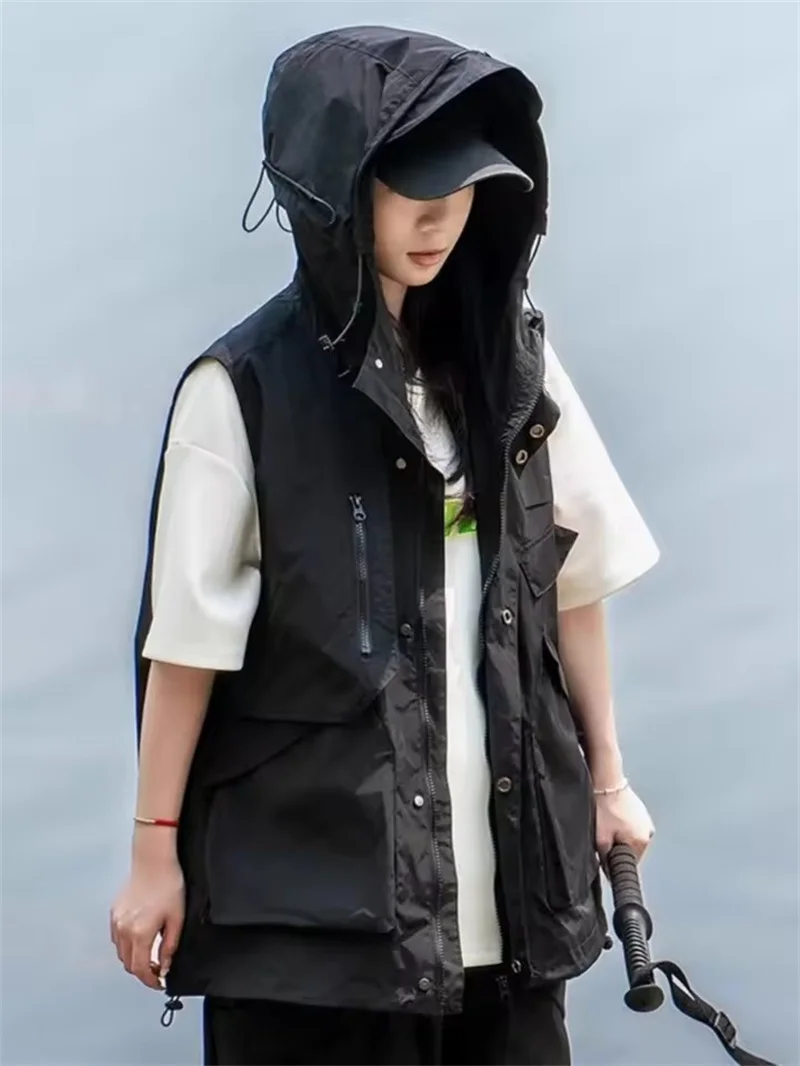 Roupa de trabalho ao ar livre colete fino grande bolso montanhismo sem mangas jaqueta verão das mulheres dos homens com zíper colete com capuz