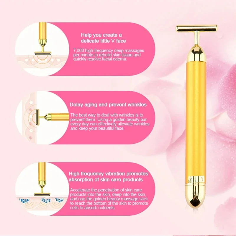 24K Gold T Beauty Roller Energy Roller ไฟฟ้า Face-lifting นวดหน้าเครื่องมือความงามกันน้ํา Vibrating Face Care Stick