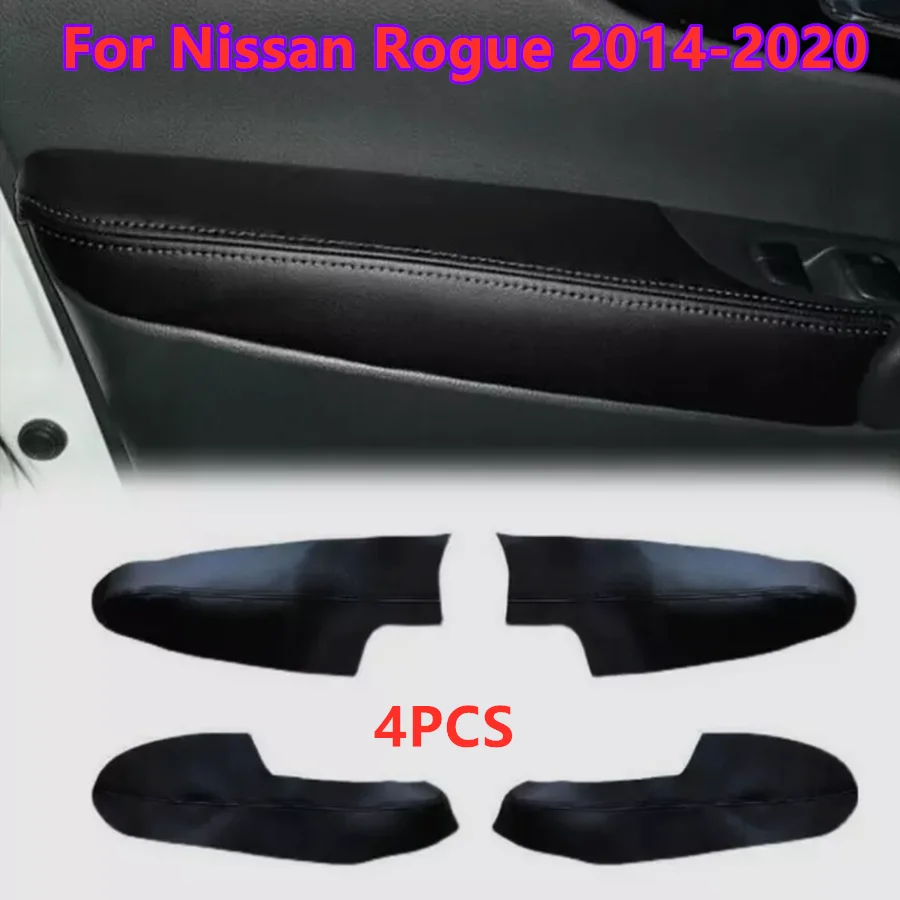 4Pcs Black Interior Door Panels Armrest Leather Cover For Nissan Rogue 2014-2020