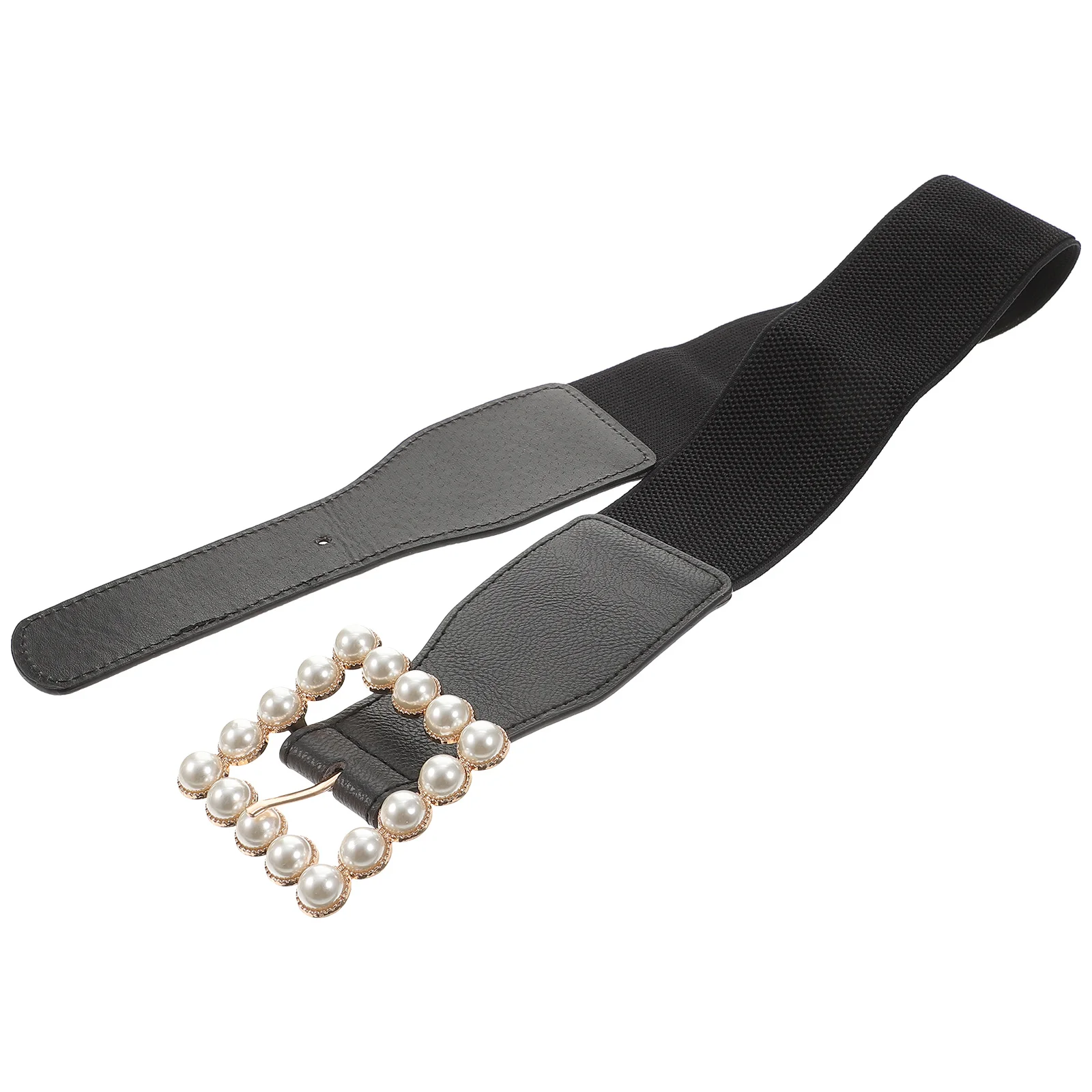 

Ladies Simple Cummerbund Pearl Waist Belt Square Buckle Fashion Accessory for Dresses Jeans Shorts Black Ladies Cummerbund