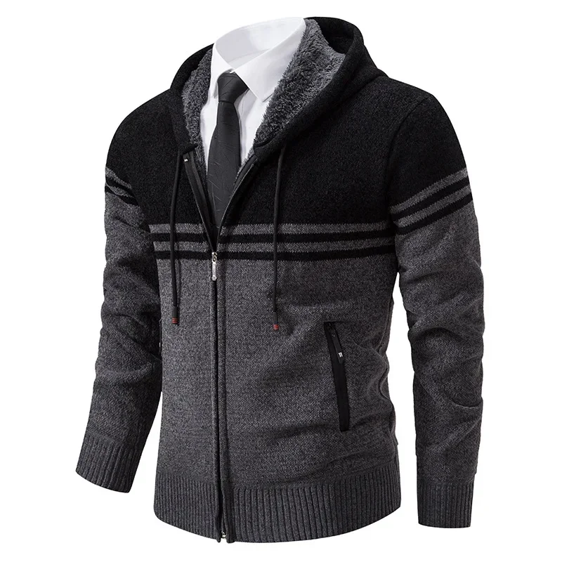 Casaco de lã grosso com capuz masculino, suéter quente, gola alta, zíper, casaco listrado, moda casual, novo, inverno