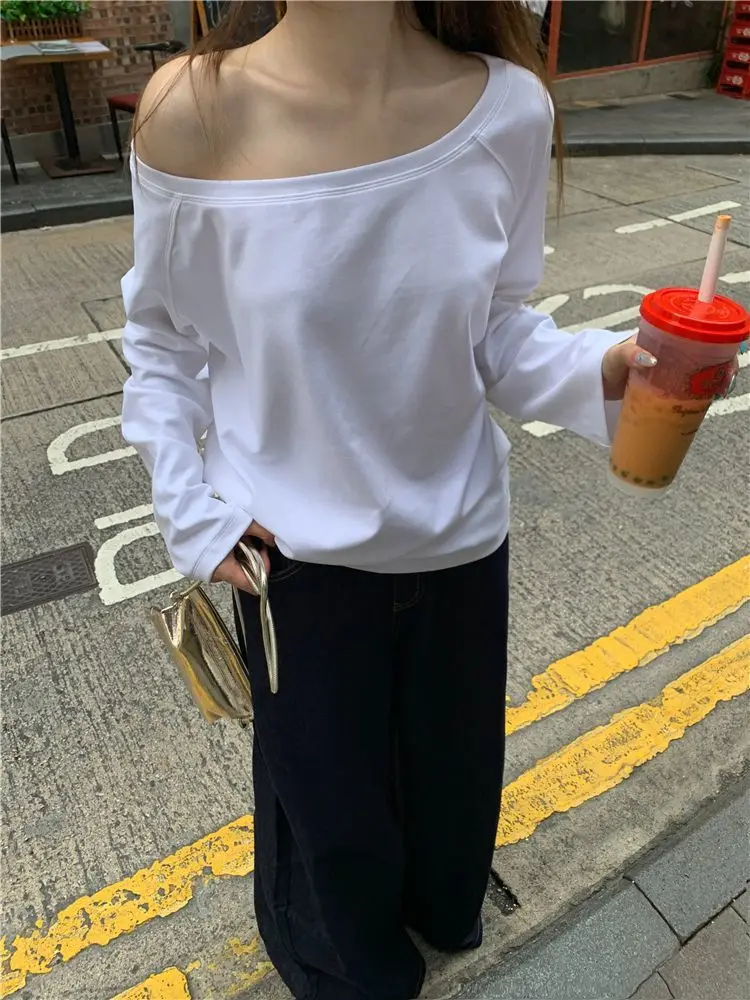 

Women Autumn Sexy Spicy Girls Solid Simple Basic Off Shoulder Baggy Cozy Streetwear Korean Style Prevalent