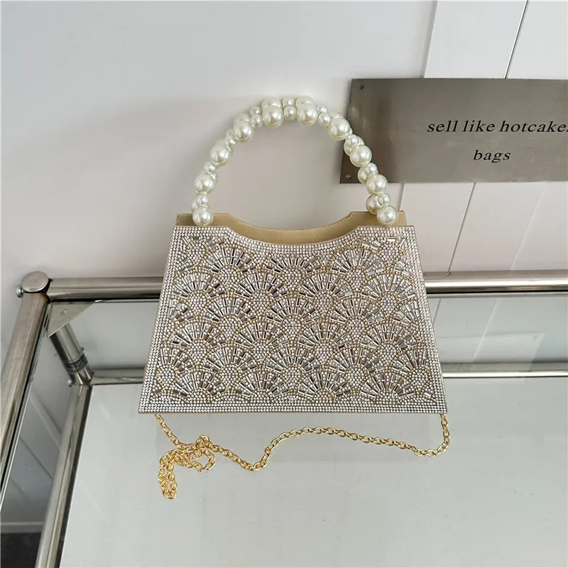Luxury Rhinestone Fish Scale Pattern Handbag Women Pearl Handle Evening Clutch Bag Wedding Party Crossbody Mini Purse