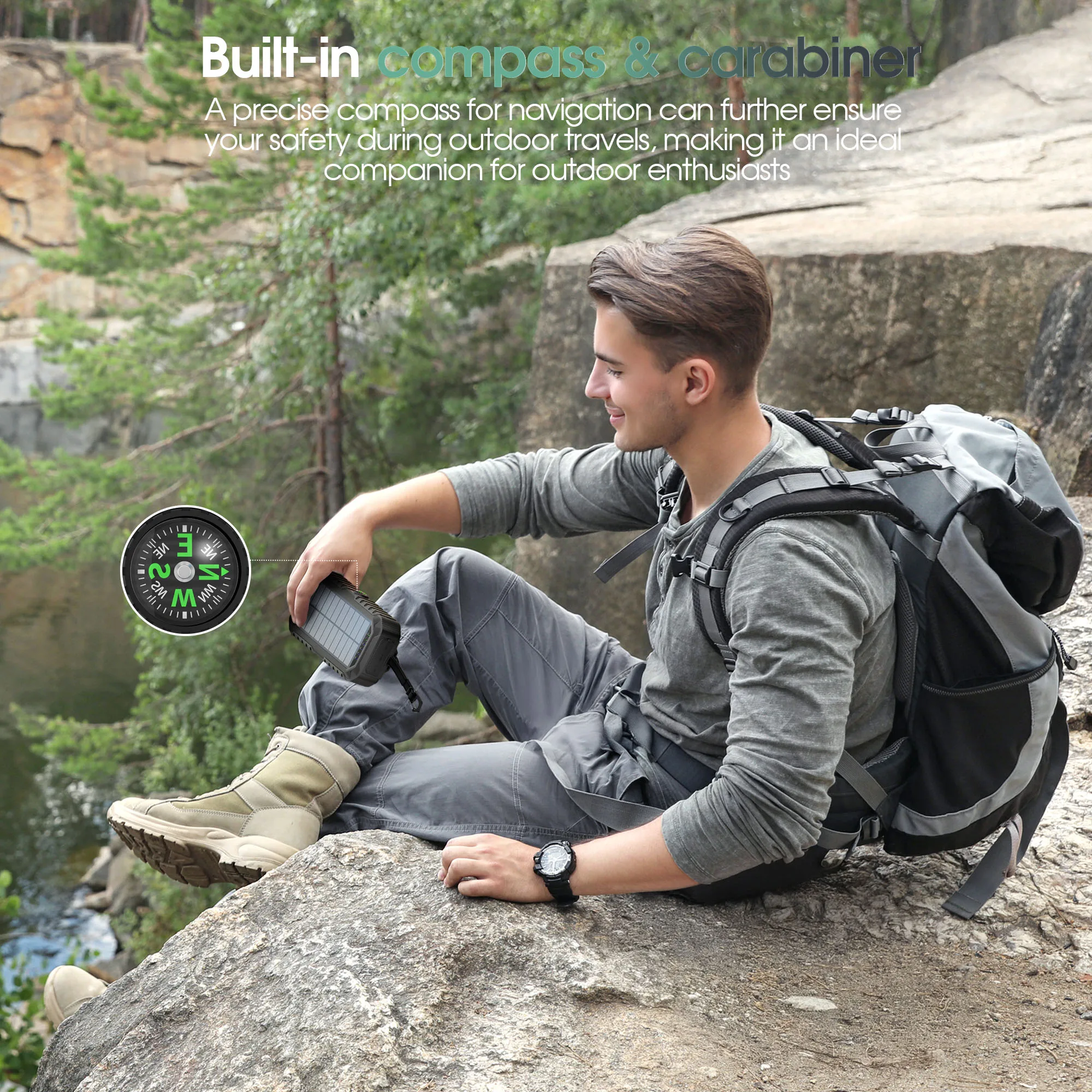 بنك طاقة يعمل بالطاقة الشمسية بقدرة 40,000 مللي أمبير في الساعة مع كرنك يدوي و4 كابلات، شحن سريع مزدوج USB/Type-C، ضوء LED ساطع، بوصلة مدمجة ومستوى #5