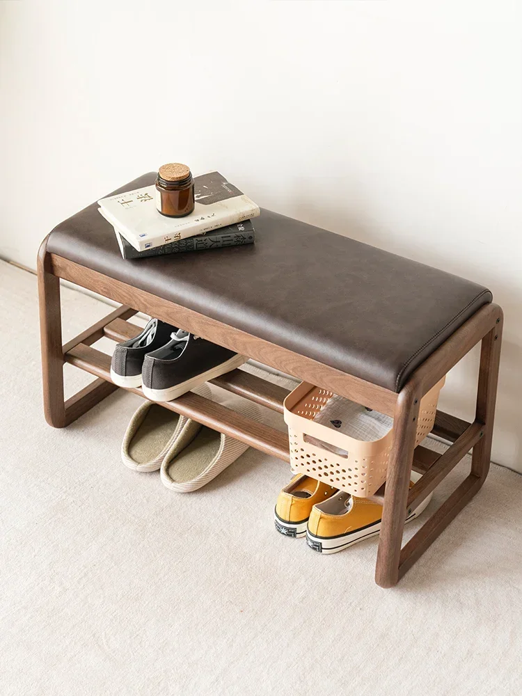 Solid wood shoe changing stool, household shoe cabinet integrated doorway, shoe stool, black walnut wood into the door, stool wi