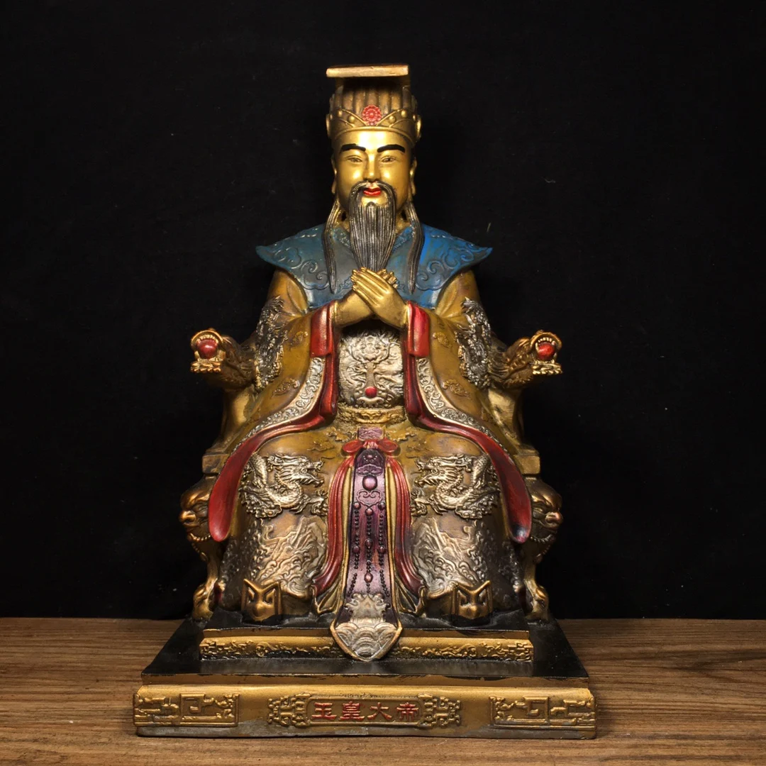 

11"Tibetan Temple Collection Old Bronze Painted Mosaic Gem Jade Emperor immortal Dragon Head Chair Worship Hall Town house