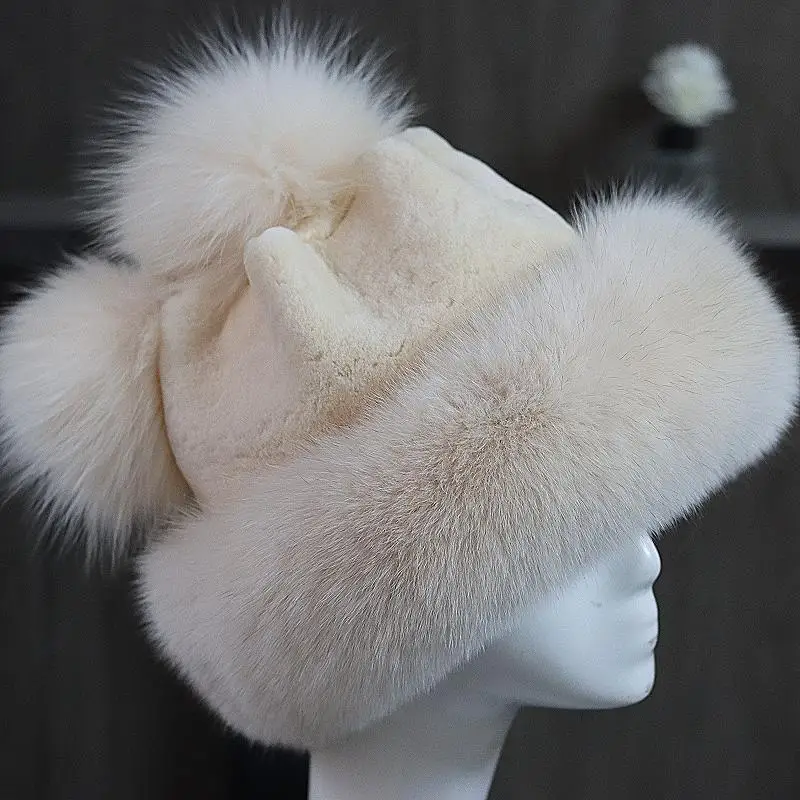 Real Fox fur hat female winter fur hat natural Rex rabbit  warm fashion Korean version of the whole leather ski caps