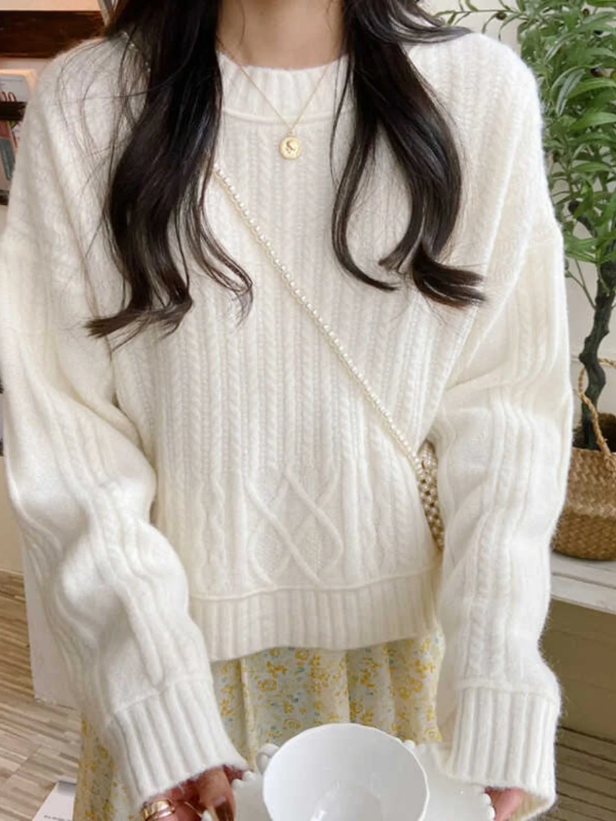 

White Oversized Knitted Sweater Women's Spring Autumn ort Long Sve round Ne Warm Thermal Sweet Sle Base irt Top