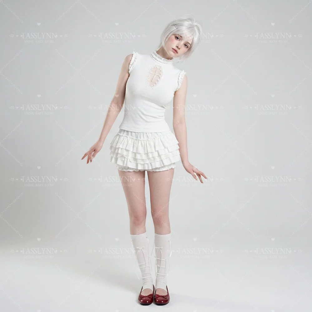 Sweet Gothic Lolita Two Piece Set, Cross Embroidery Hollow Top & Tiered Skort for Photoshoot & Party view 3