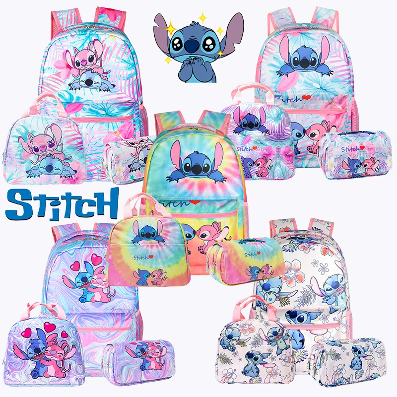 

3pcs Set Disney Stitch Cartoon Backpack Anime Portable Pencil Case Large Capacity Lunch Bag Student School Supplies Stationery