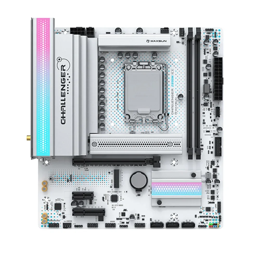 MAXSUN Challenger Z890M WIFI ICE Intel z890 LGA 1851 DrMOS 60 A PCIe 5, 0x4 M.2 Type-C 2,5G LAN WiFi 6 DDR5 2 * M.2 DP 1,4 ГБ