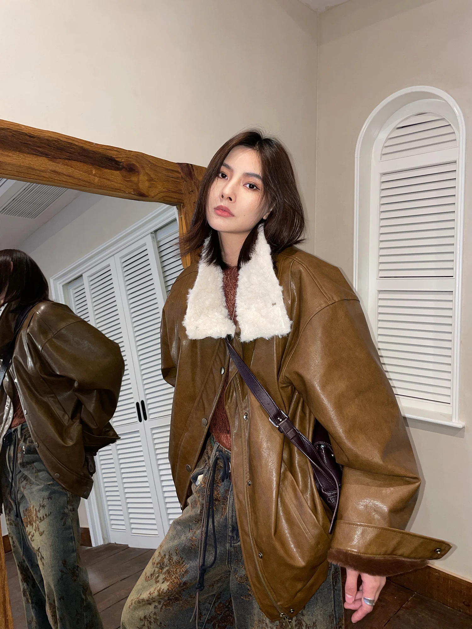 

JCCC adow Vintage Sle Jaet из искусственной кожи с меховым воротником в стиле пэчворк, щенный дизайн, теплое молодежное зимнее пальто