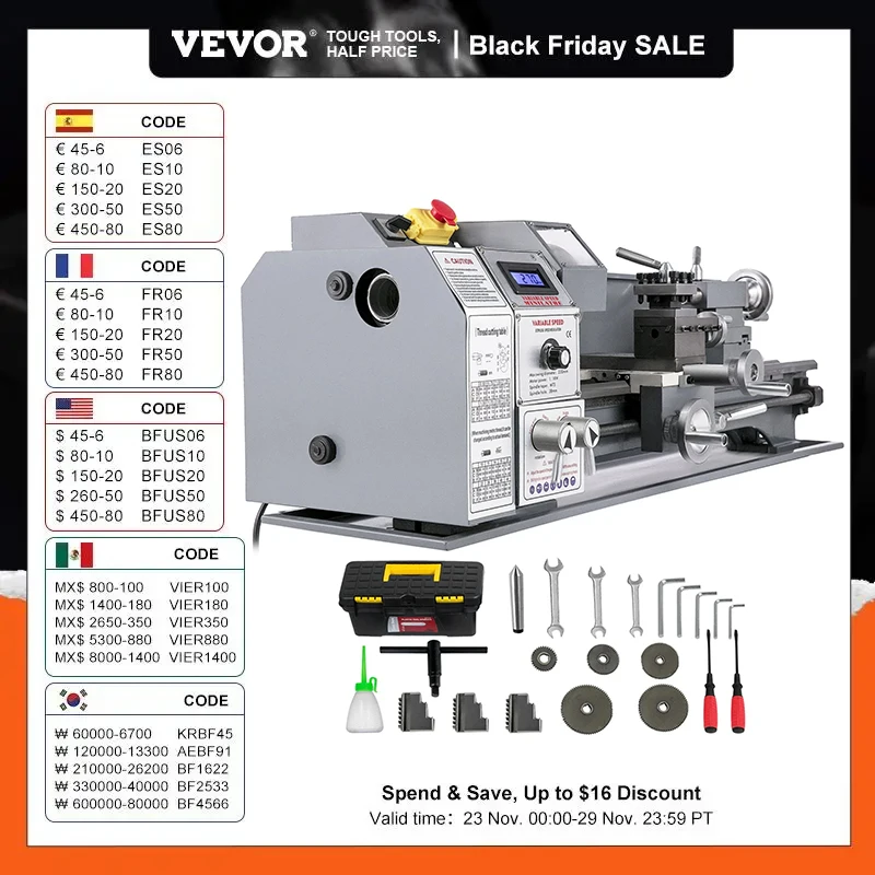 

VEVOR Mini Metal Lathe Variable Speed 550W-1100W 220V 110V Benchtop Lathe Machine For Metal Precision Making Threading Milling