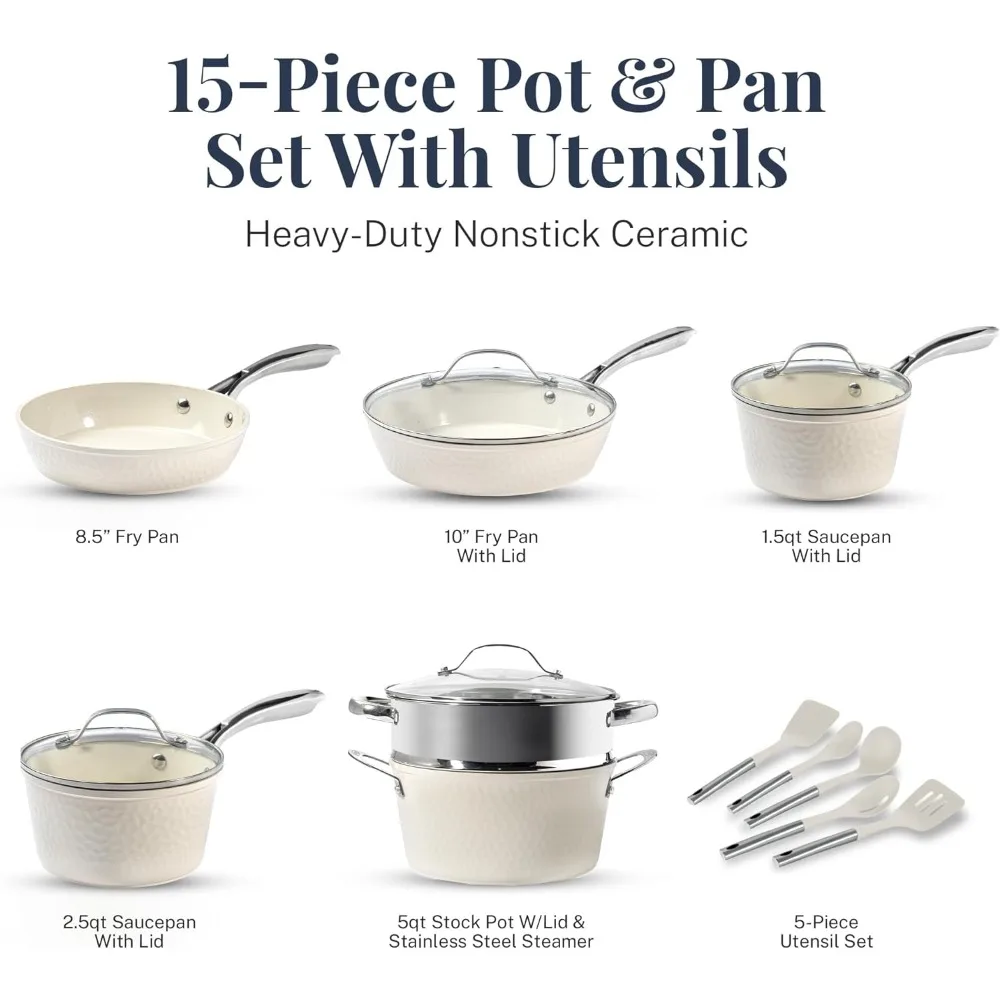 Hammered 15 Pc Ceramic Pots and Pans Set Non Stick Pots and Pan Set Dishwasher Safe Cream White Steel Cookware Sets Kitchen Kit