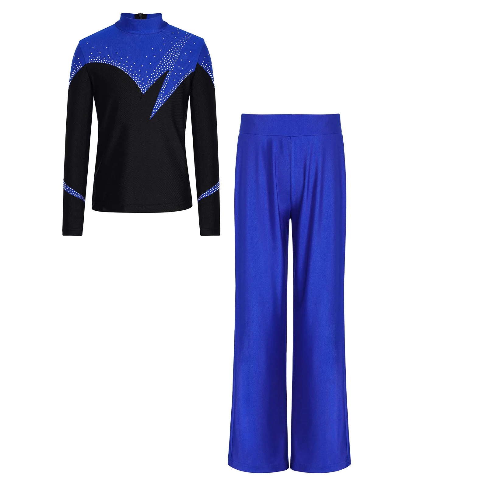 Kids Boys Figure Ice Skating Clothes Mock Neck Long Sleeve Zipper Shiny Rhinestones Top with Pants for Performance Competition
