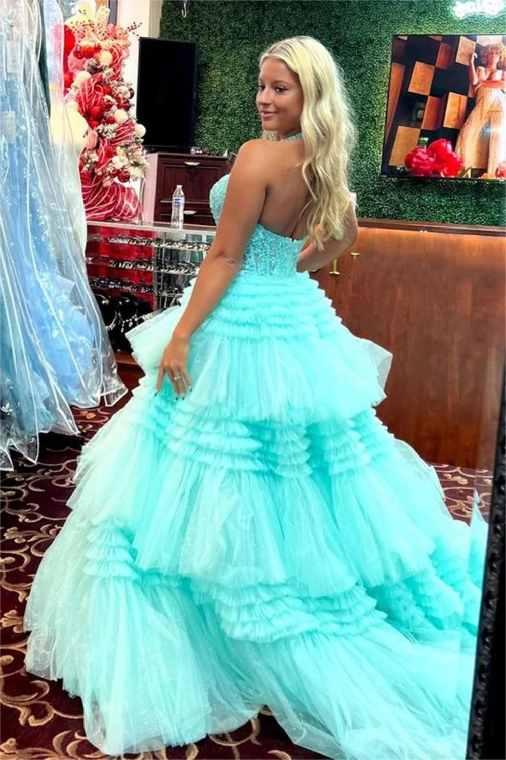 Sansa Sky Blue Tulle Prom Dress A-line Multilayer Vestidos De Noche Elegant Sleeveless Side Split Floor-Length Wedding Dresses