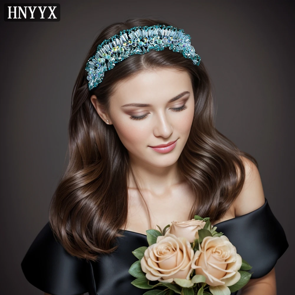 

HNYYX Crystal Headband Green Beaded Hair Accessory Wide Baroque Hair Hoop Fashion Headwear for Women Headdress for Bride A111