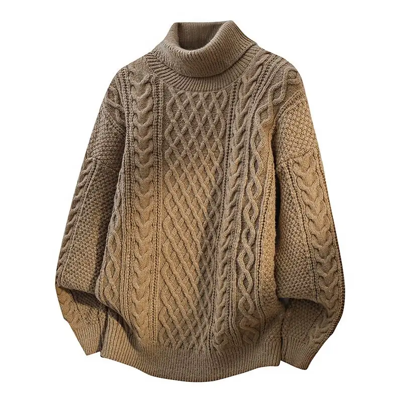2025 الخريف الشتاء الرجال البلوزات سميكة غير رسمية الرجال بلون فضفاض الياقة المدورة سترة الذكور عالية الرقبة محبوك البلوفرات رجل