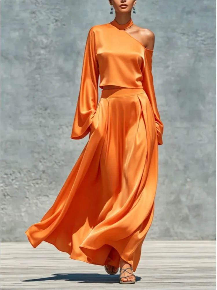Womens Solid Skirt Two Piece Sets Sexy One-Shoulder Long Sleeve Crop Top  + Slim Long Skirt Set Autumn Casual Party 2pcs Outfits