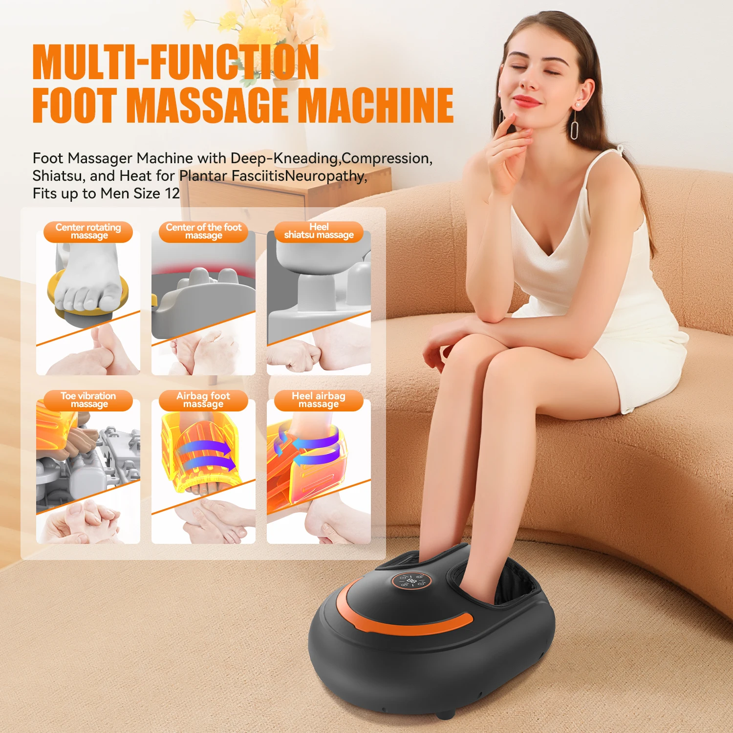 Multifunctional electric vibrating foot massager with remote control kneading roller air bag infrared heating to relieve fatigue