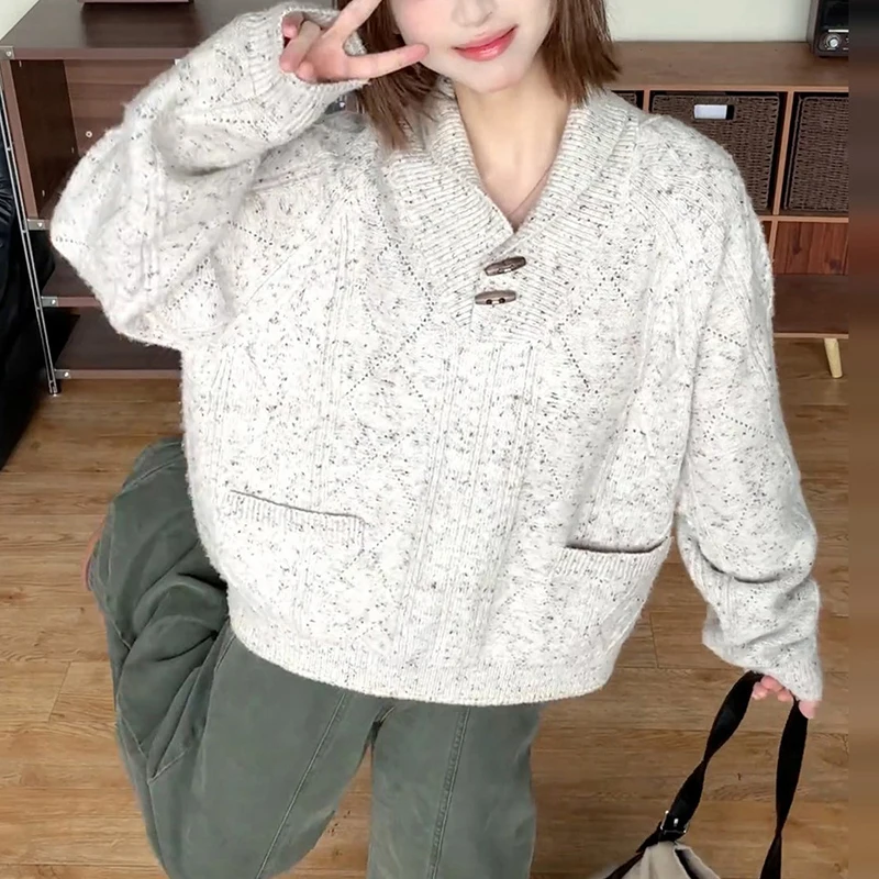 Autumn Sweet Knitted Sweater Women Loose Casual White Gray Toggle Button Pullover Preppy Style Hollow Out Pocket Jumper Tops New