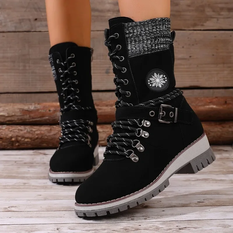 

Модные нескользящие износостойкие туфли на блочном каблуке со шнуровкой спереди и круглым носком, нескользящие ботинки средней длины