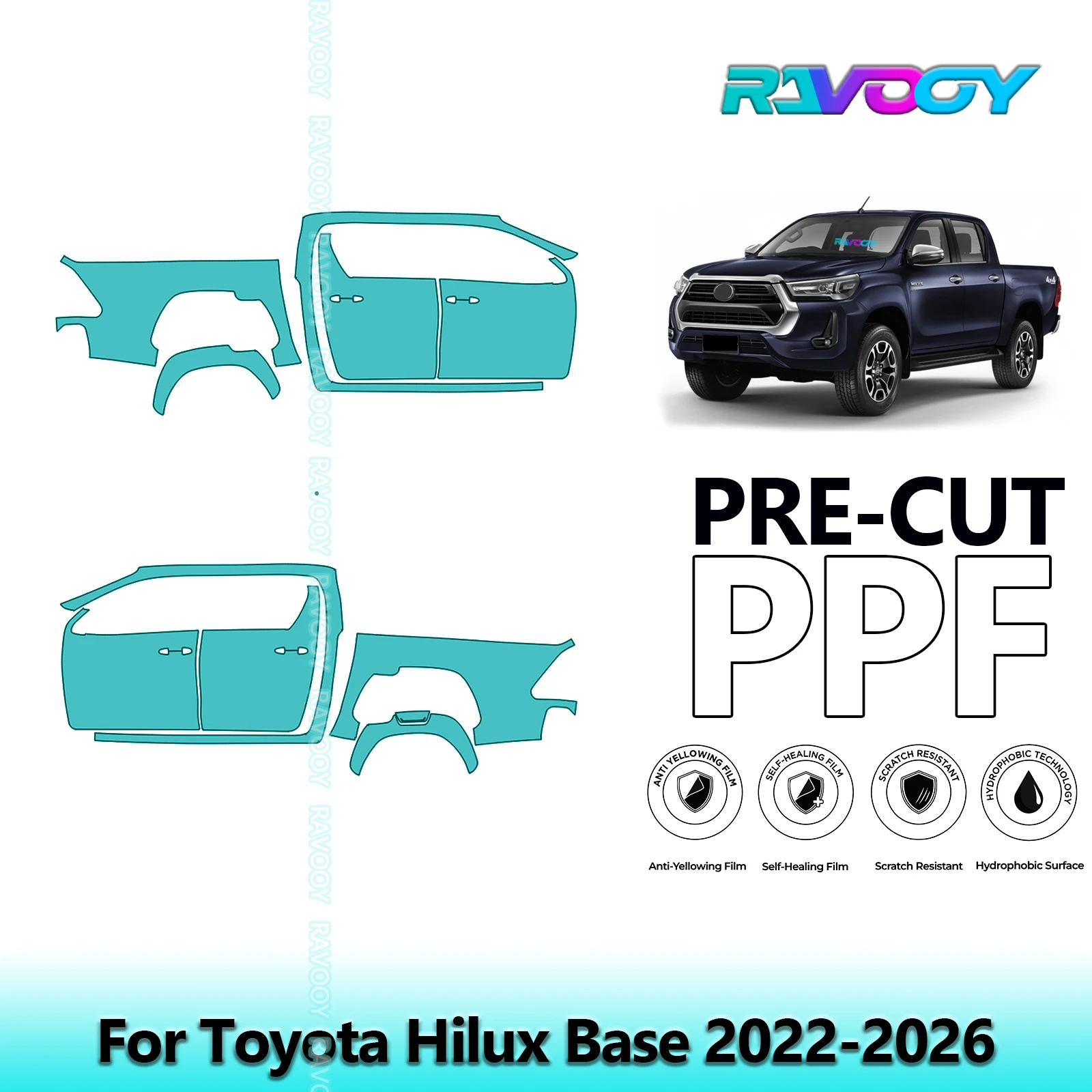 

For Toyota Hilux Base 2022-2026 8.5mil Clear Matte Pre-Cut PPF Door & A/B Pillar Kit TPU Paint Protection Film Set