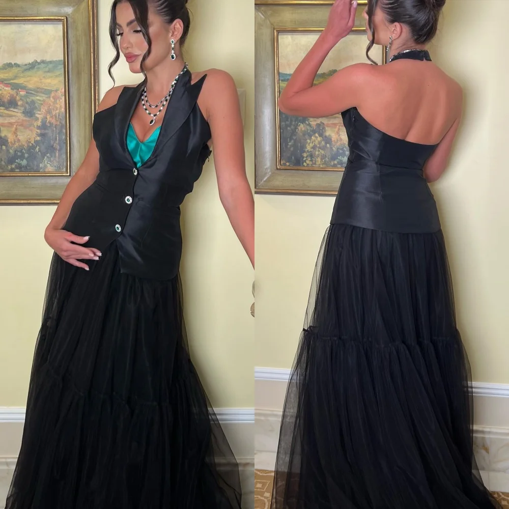 Customized Fashion Modern Style Satin Pleat Ruched Draped Button A-line Halter Long Dresses Prom Dresses Matching Sexy Casual Ex