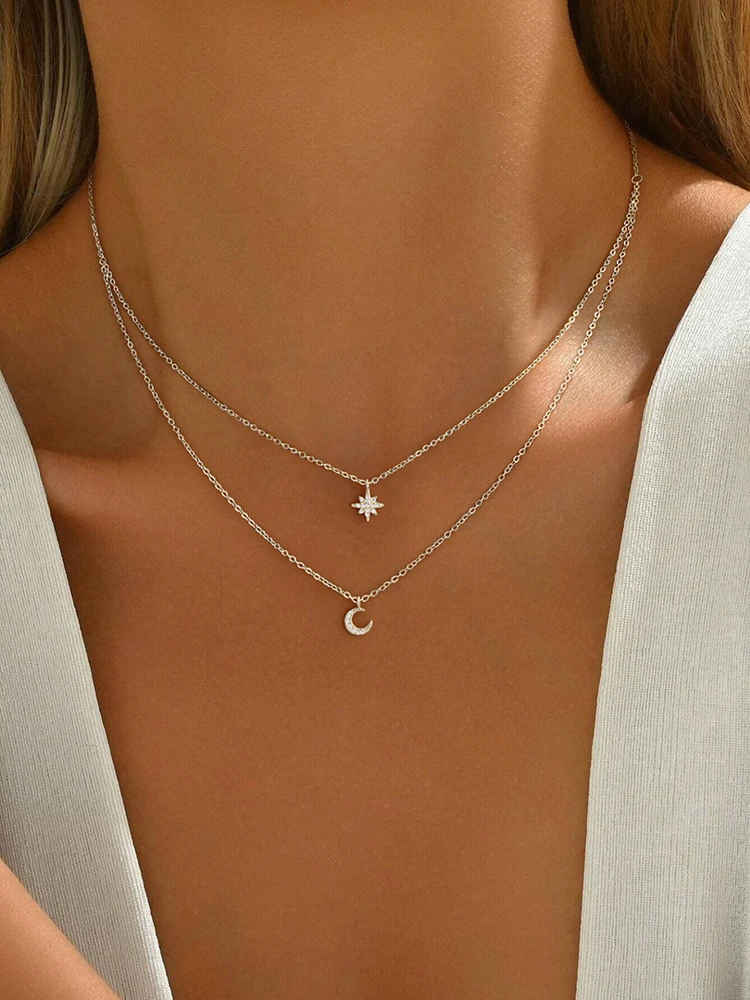 925 Sterling Silver Simplicity Classic Gorgeous Zircon Star Moon Necklace For Women Anniversary Party High Quality Fine Jewelry